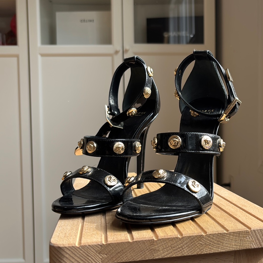 Elegant Versace Black Sandals with Gold Accents